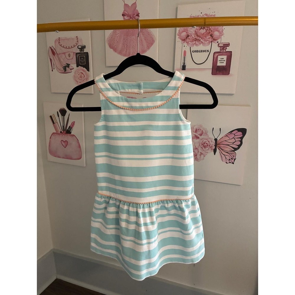 Janie and Jack Girls Blue White Striped Sleeveless Drop Waist Dress Size 6
